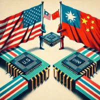 Illustration of a political standoff symbolized by the flags of the United States, Taiwan, and China. The U.S. flag appears as if blocking or halting interaction between the Taiwan and China flags, with a microchip representing Taiwan positioned symbolically between them, capturing the tension over semiconductor technology.