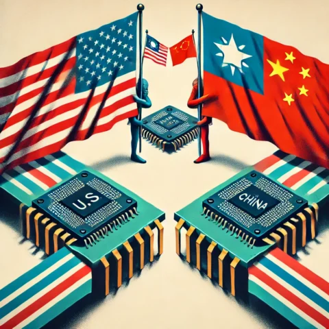 Illustration of a political standoff symbolized by the flags of the United States, Taiwan, and China. The U.S. flag appears as if blocking or halting interaction between the Taiwan and China flags, with a microchip representing Taiwan positioned symbolically between them, capturing the tension over semiconductor technology.