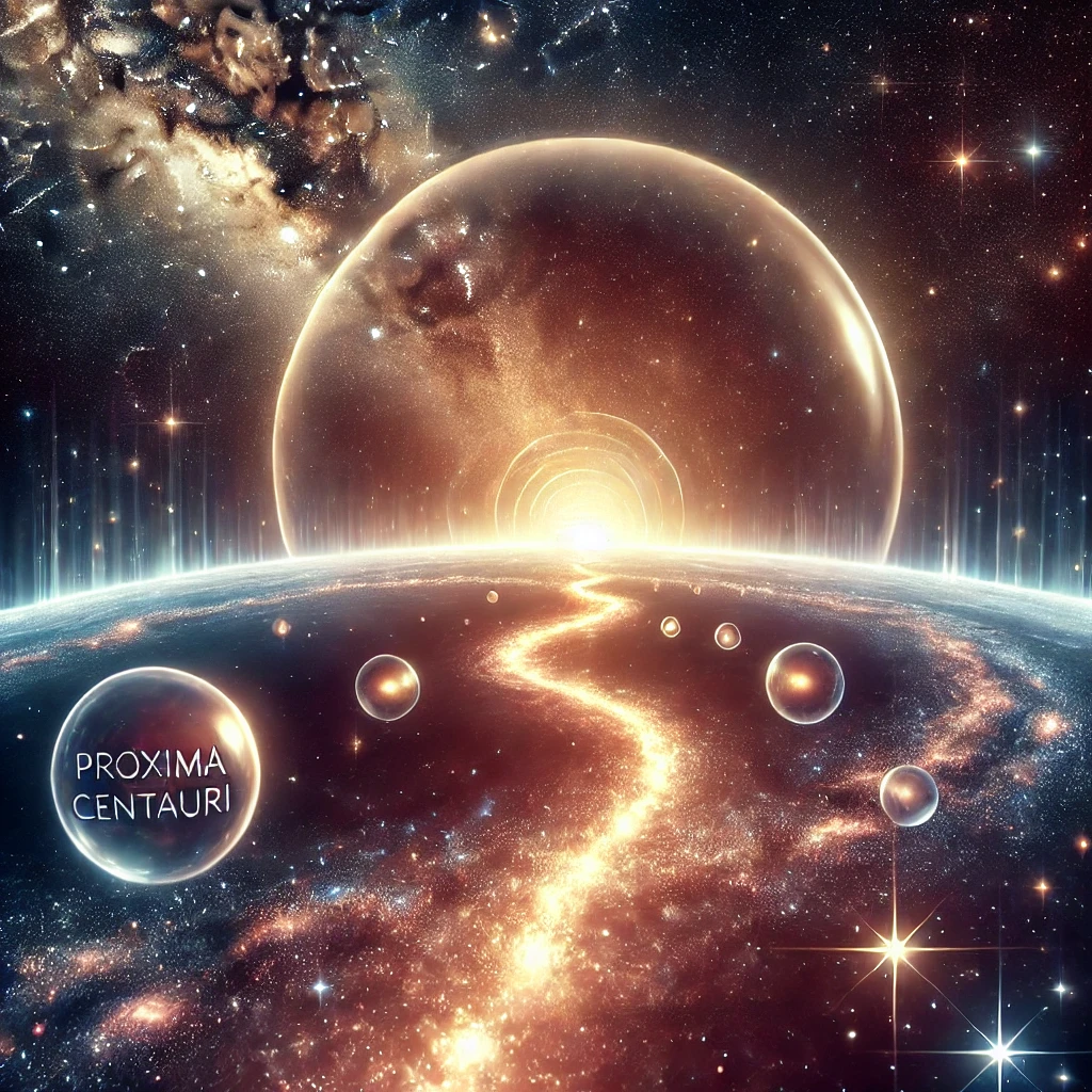 Realistic cosmic scene of an interstellar tunnel stretching from the Solar System toward Proxima Centauri. The image shows a glowing pathway through space, surrounded by stars and cosmic dust, with the Local Bubble subtly illuminated and the distant constellation Centaurus visible in the background, capturing the vastness and mystery of space.